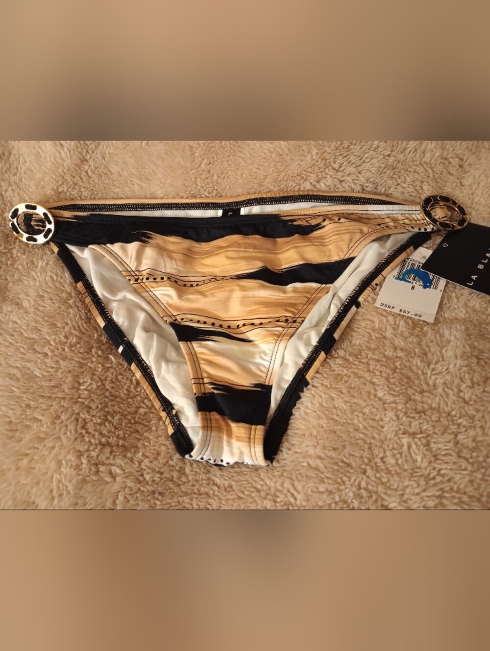 NWT Jaguar Striped Bikini Bottom w/Gold Rings - Black, Gold & White